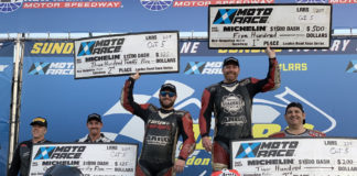Loudon Road Racing Series (LRRS) Wraps Up Its 2019 Season At NHMS LRRS Middleweight GP Expert "Dash For Cash" podium finishers (from left): Paul Duval (5th), Alex Guilbeault (4th), Samuel Greenwood (2nd), Scott Greenwood (1st), and Rick Doucette (3rd). Photo by Martin Hanlon, courtesy of LRRS/NHMS.