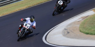 David Bourbeau (1I) narrowly defeated Ralph Wessell (81) in each of the AHRMA Handshift Shootout races at the Barber Vintage Festival. Photo by etechphoto.com, courtesy of AHRMA.
