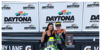Angela Izzo-Sink, Operating Director of MotoGirlGT Roadracing Championship Series (left), and MotoGirlGT Superbike race winner Jessica Capizzi (right) in Victory Lane at Daytona International Speedway. Photo courtesy of Angela Izzo-Sink.