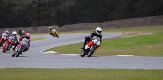 Dave Roper (7) leading an AHRMA 350 GP/Vintage Cup race in 2019. Photo by etechphoto.com, courtesy of AHRMA.