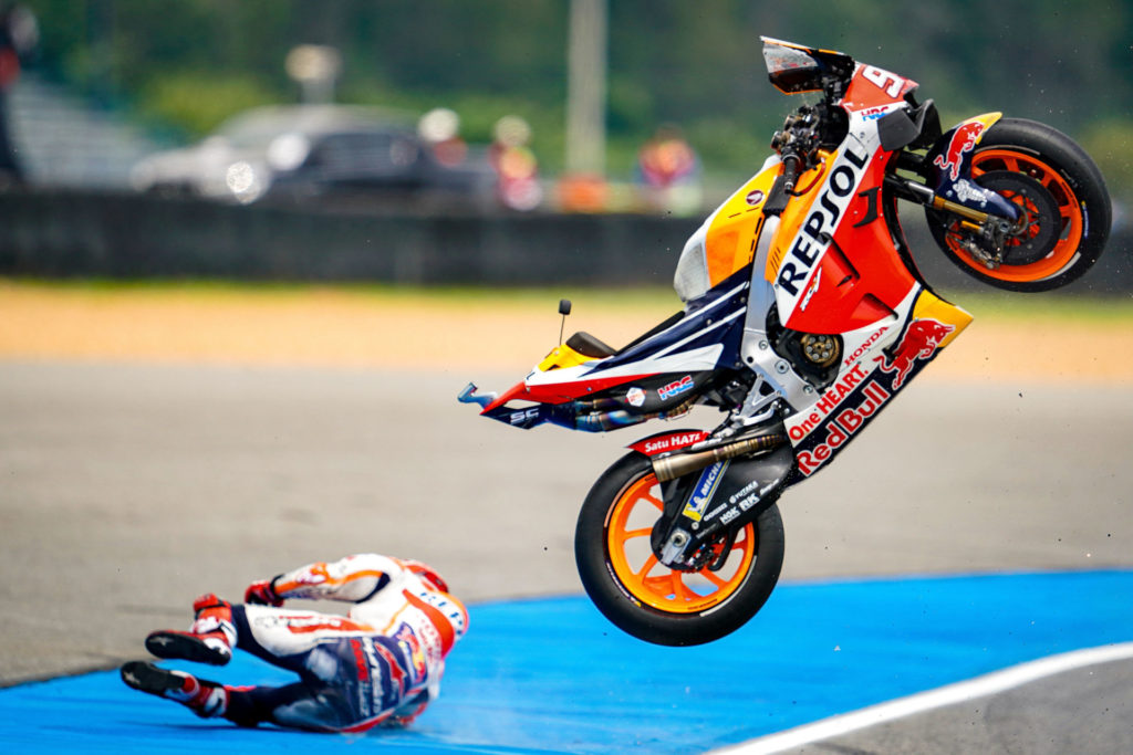 Marc Marquez suffered a big highside toward the end of FP1 Friday in Thailand. Photo courtesy of HRC/CormacGP and Dorna.