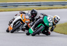 Keagan Brown (17) and Scott Fallen (8) in action in the Motogladiator Superbike 390 race at NC Bike. Photo by Joshua Barnett/Apex Pro Photography, courtesy of Motogladiator.