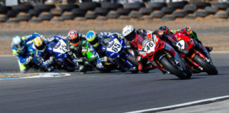 Australian Superbike front-runners Mike Jones (46), Troy Herfoss (1), Cru Halliday (65), Bryan Staring (behind Halliday), Daniel Falzon (25), and Josh Waters (behind Falzon). Photo by Andrew Gosling/TBG Sport, courtesy of Motorcycling Australia.