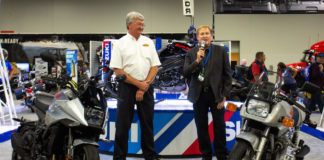 Barber Museum’s Jeff Ray (left) and Suzuki's Kerry Graeber (right) with the original 1982 GSX1100S Katana and the 2020 KATANA in Metallic Mystic Silver and Solid Black. Photo courtesy of Suzuki Motor of America., Inc.