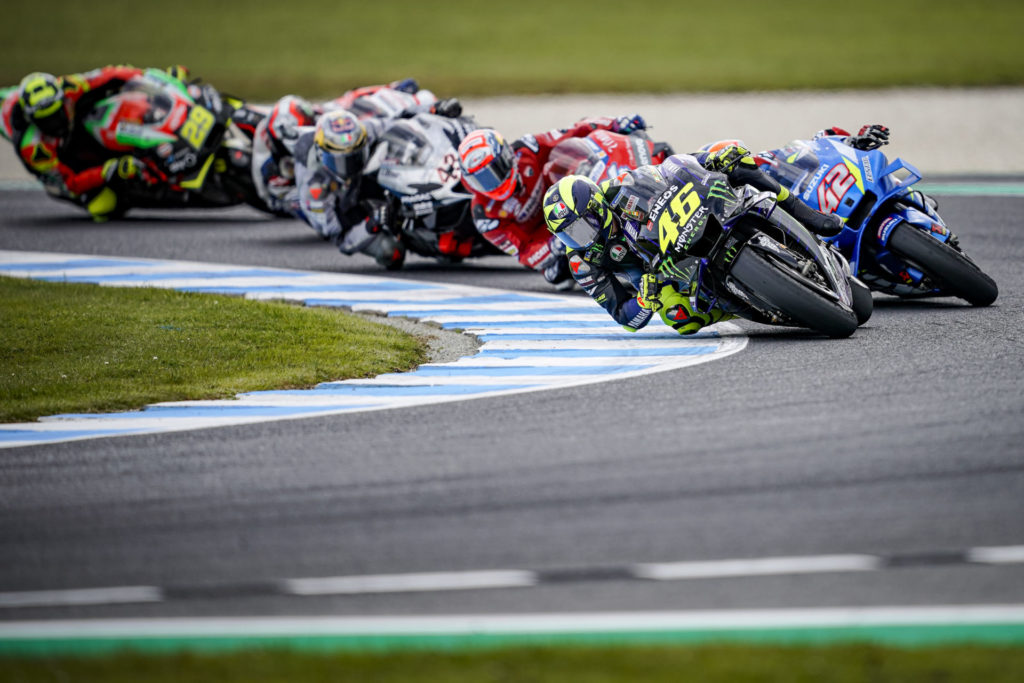 Valentino Rossi (46) leading a group of riders at Phillip Island. Photo courtesy of Monster Energy Yamaha.