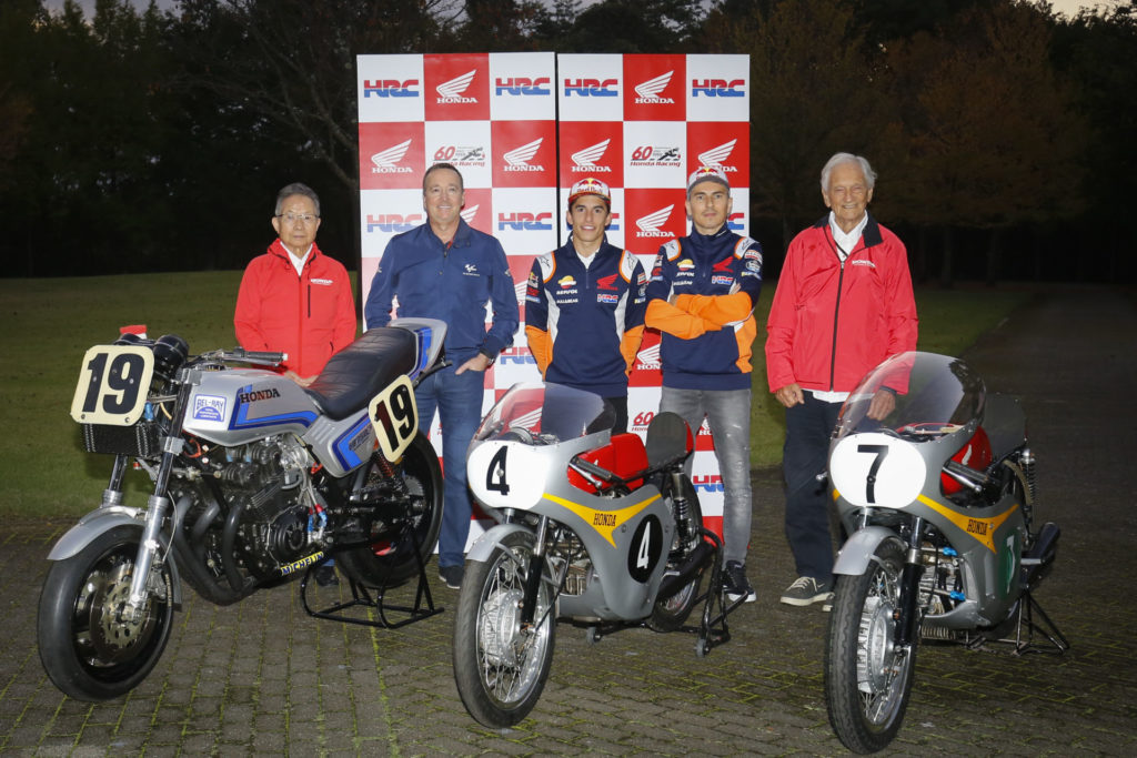 (From left) Kunimitsu Takahashi, Freddie Spencer, Marc Marquez, Jorge Lorenzo, and Jim Redman. Photo courtesy of Dorna.