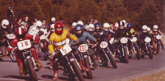 In Shannonville Motorsport Park’s first full year of operation, 1977, the track known as Nelson International Raceway hosted a wide range of motorcycle events: Here a Le Mans start for the popular Junior 410cc Production category. Photo: Colin Fraser, courtesy of PMP.