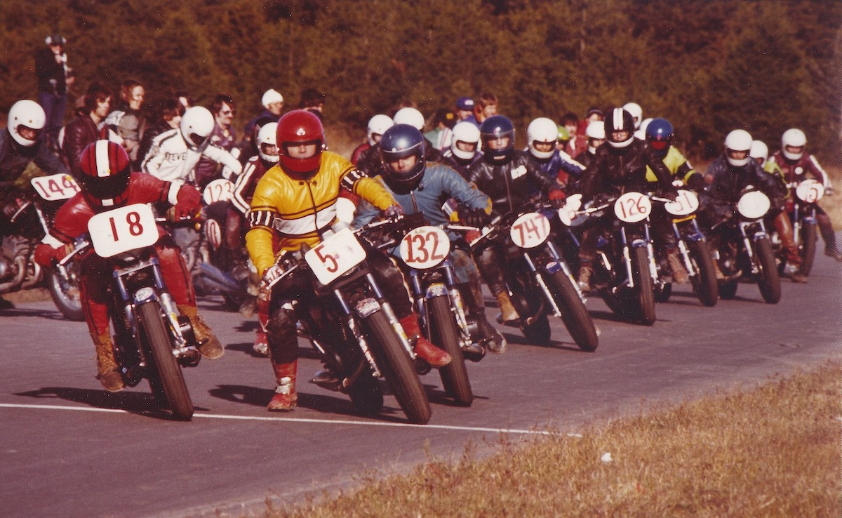 In Shannonville Motorsport Park’s first full year of operation, 1977, the track known as Nelson International Raceway hosted a wide range of motorcycle events: Here a Le Mans start for the popular Junior 410cc Production category. Photo: Colin Fraser, courtesy of PMP.