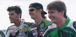 Canadian Superbike stars (from left) Michael Taylor, Jordan Szoke and Don Munroe pose prior to the final CSBK National of 1998 at Shannonville, when all three had a shot a the title won by Szoke. The trio will be joined by several other overall National number one plate holders at the November Second 14th annual Hall of Fame Banquet and Reunion in Toronto, Ontario. Photo by Colin Fraser, courtesy of Canadian Motorcycle Hall Of Fame.