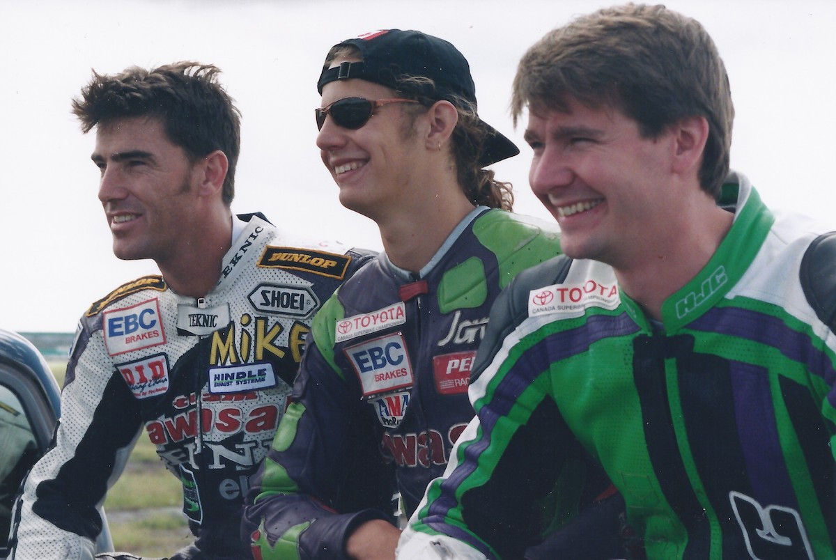 Canadian Superbike stars (from left) Michael Taylor, Jordan Szoke and Don Munroe pose prior to the final CSBK National of 1998 at Shannonville, when all three had a shot a the title won by Szoke. The trio will be joined by several other overall National number one plate holders at the November Second 14th annual Hall of Fame Banquet and Reunion in Toronto, Ontario. Photo by Colin Fraser, courtesy of Canadian Motorcycle Hall Of Fame.