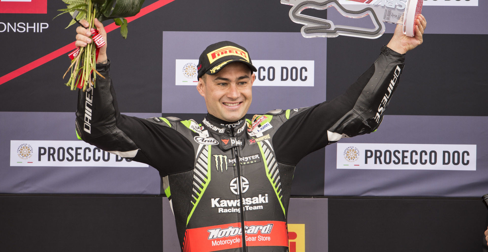 Leon Haslam on the World Superbike podium at Donington Park.