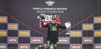 Manuel Gonzalez, the 2019 FIM Supersport 300 World Champion, on the podium at Magny-Cours. Photo courtesy of Kawasaki.