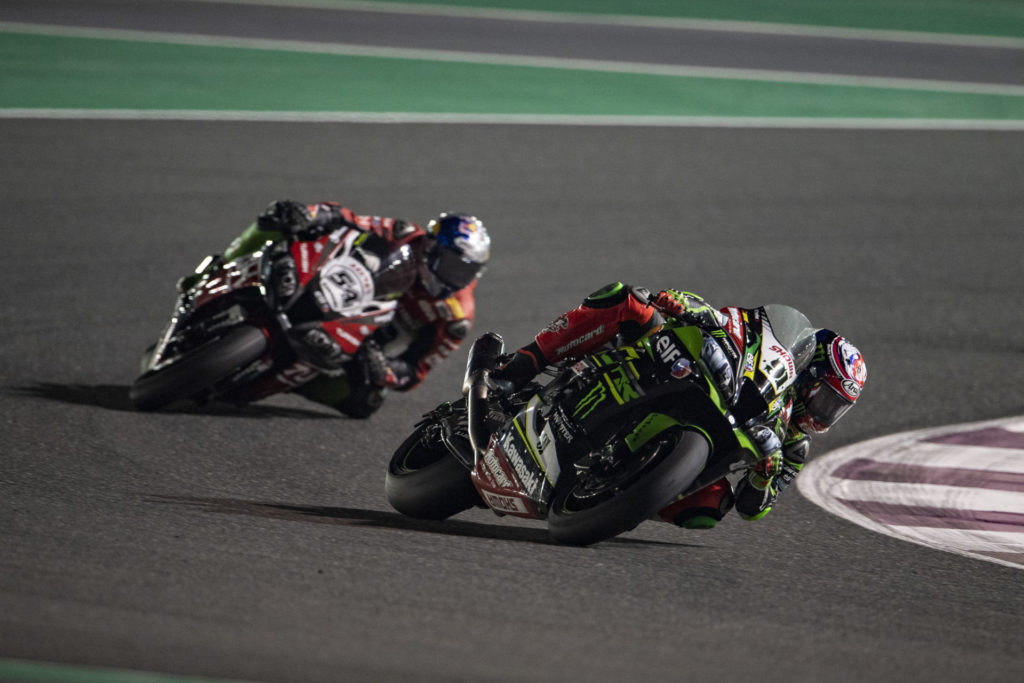 Leon Haslam (91) leading Toprak Razgatlioglu (54) during Race One. Photo courtesy of Kawasaki.