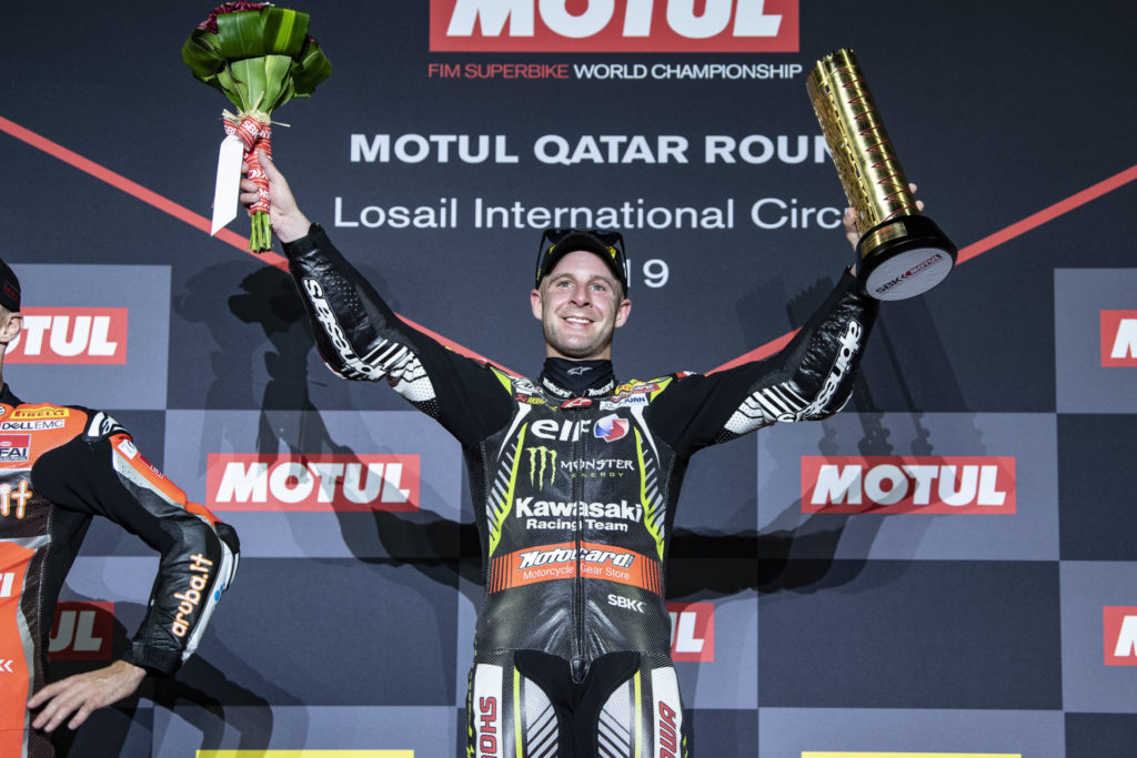 Jonathan Rea on top of the podium in Qatar. Photo courtesy of Kawasaki.