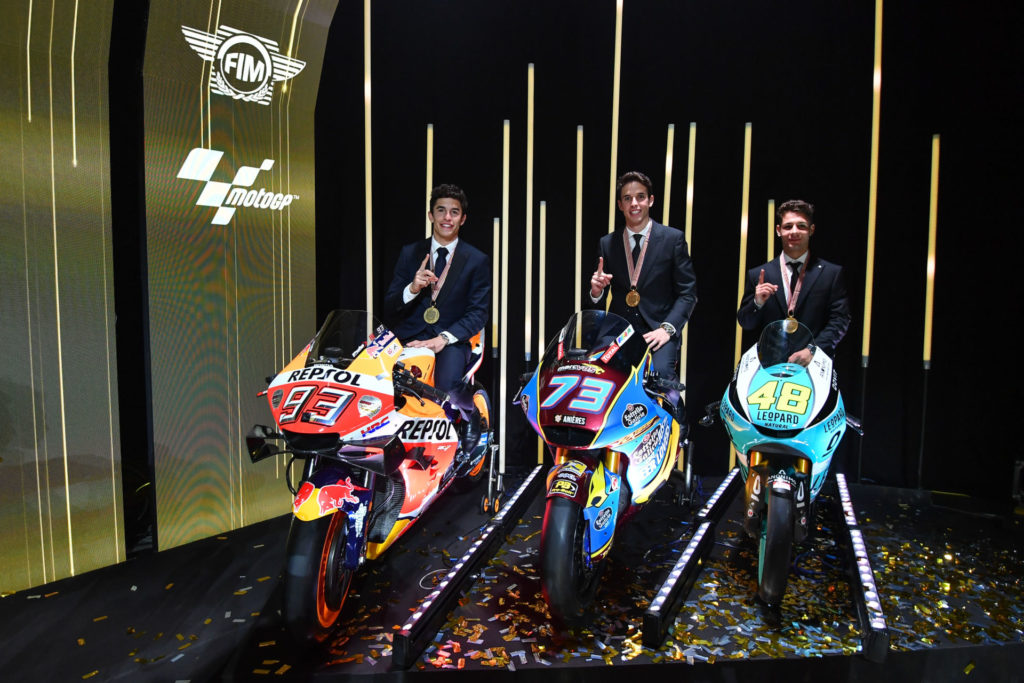 (From left) 2019 MotoGP World Champion Marc Marquez, 2019 Moto2 World Champion Alex Marquez, and 2019 Moto3 World Champion Lorenzo Dalla Porta with their bikes on stage at the 2019 FIM MotoGP Awards Ceremony in Spain. Photo courtesy of Dorna/www.motogp.com.