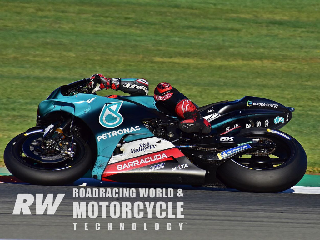 (Above) Fabio Quartararo tried factory aero, and preferred the hybrid aluminum/carbon-fiber swingarm he ran in 2019. Photo by Michael Gougis.