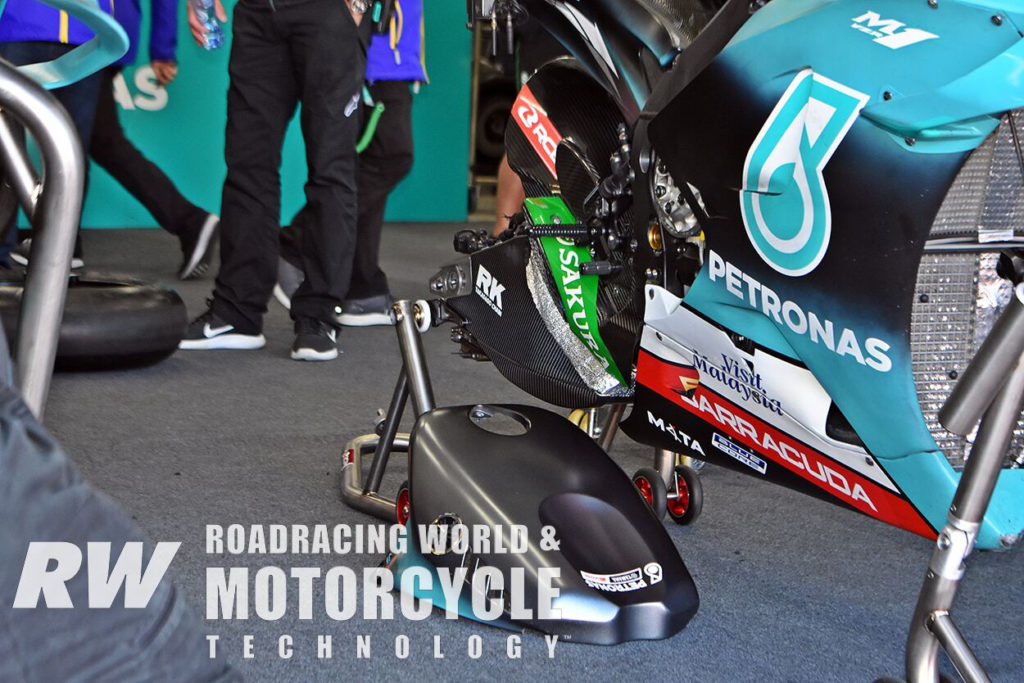 (Above and Below) Petronas Yamaha tested a full carbon-fiber swingarm against a hybrid carbon-braced aluminum swingarm. Photo by Michael Gougis.