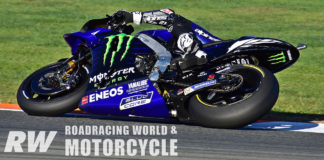 Monster Yamaha's Valentino Rossi and Maverick Vinales tested a new, unpainted and unfinished frame. Photo by Michael Gougis.