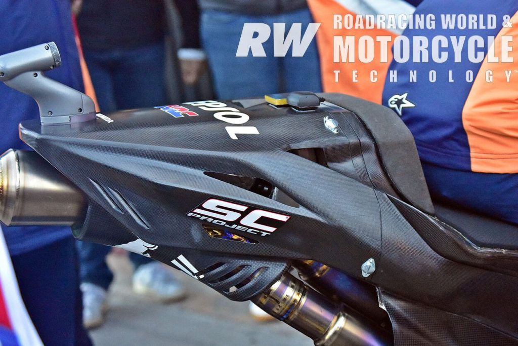 (Above) This prototype RC213V featured a revised tail section and a different exhaust system. Photo by Michael Gougis.