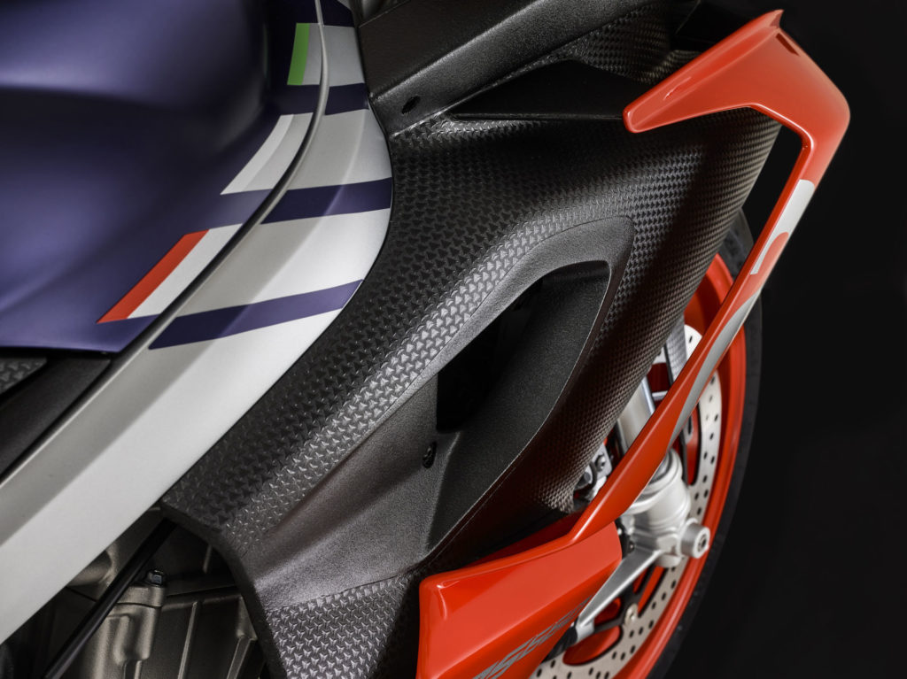 A closeup of the aerodynamic side fairing on Aprilia's new RS 660 twin-cylinder sportbike. Photo courtesy of Piaggio Group.