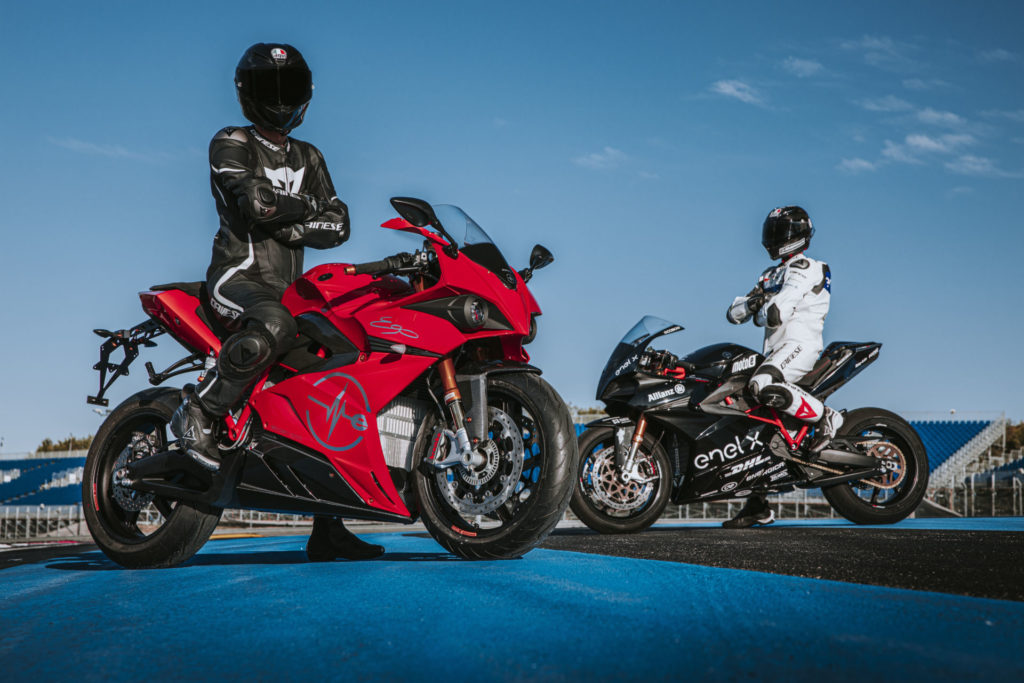 An Energica Ego+ (left) and an Ego Corsa racebike (right). Photo by Marcello Mannoni, courtesy of Energica.