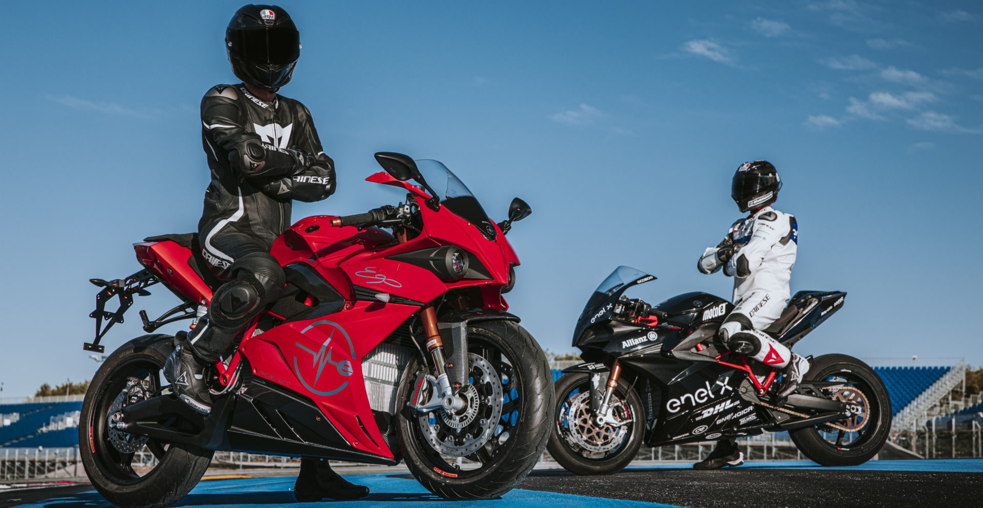 An Energica Ego+ (left) and Ego Corsa racebike (right). Photo by Marcello Mannoni, courtesy of Energica.