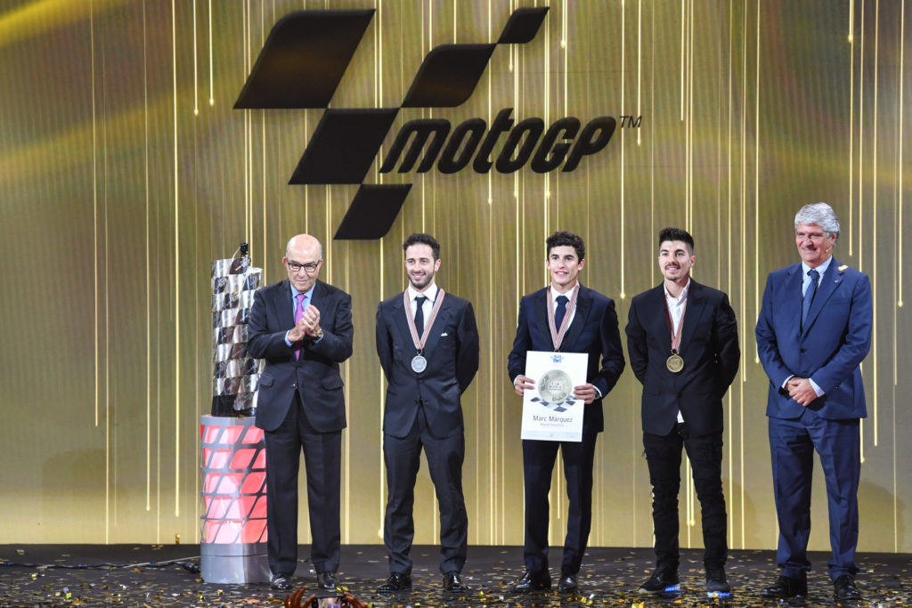 (From left) Dorna CEO Carmelo Ezpeleta, Andrea Dovizioso, 2019 MotoGP World Champion Marc Marquez, Maverick Vinales, and FIM President Jorge Viegas at the 2019 FIM MotoGP Awards Ceremony in Spain. Photo courtesy of Dorna/www.motogp.com.