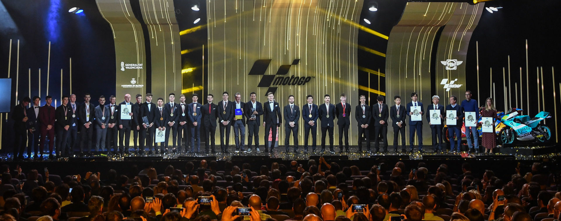 Honorees on stage at the 2019 FIM MotoGP Awards Ceremony in Spain. Photo courtesy of Dorna/www.motogp.com.