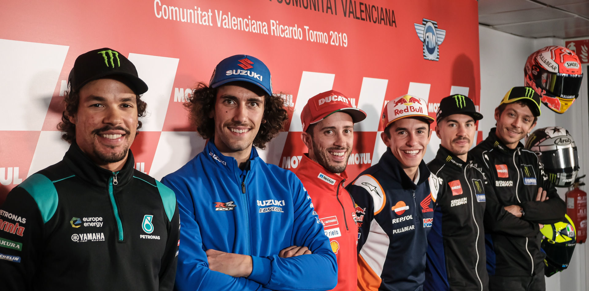 MotoGP riders (from left): Franco Morbidelli, Alex Rins, Andrea Dovizioso, Marc Marquez, Maverick Viñales, and Valentino Rossi. Photo courtesy of Dorna/www.motogp.com.