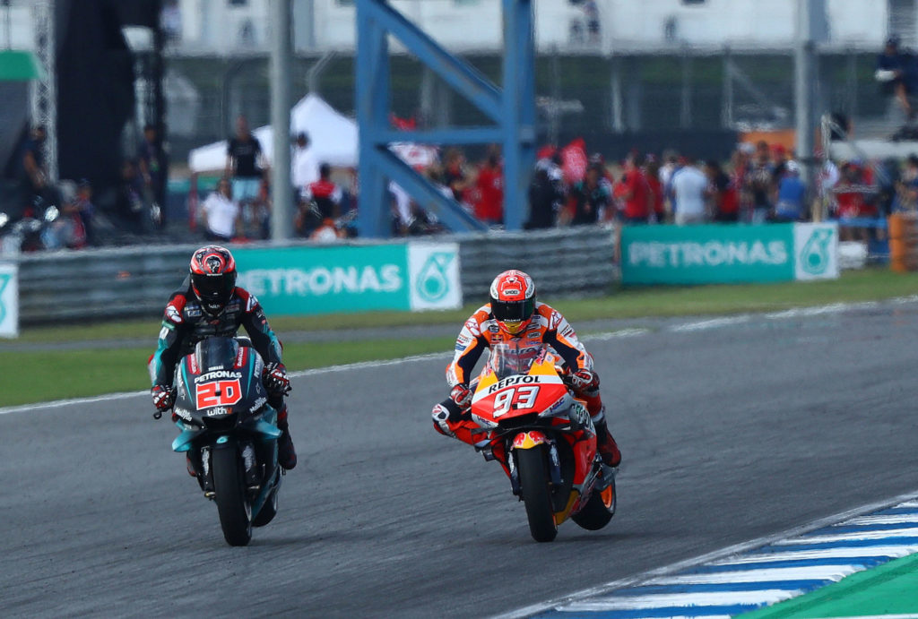 Fabio Quartararo (20) battled Marc Marquez (93) for first places in several races in 2019. Photo courtesy of PETRONAS Yamaha SRT.