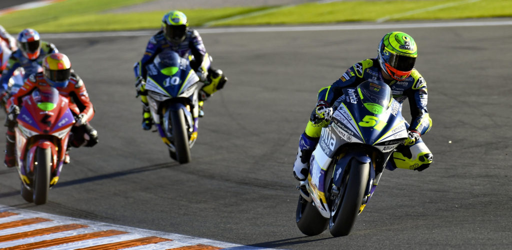 Eric Granado (51) leading MotoE World Cup Race One at Valencia. Photo courtesy of Dorna/www.motogp.com.