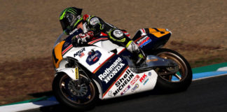 Cal Crutchlow (1) on Eddie Lawson's 1989 Honda NSR500 Grand PRix racebike during the Honda Racing Thanks Day at Motegi. Photo courtesy of Honda.