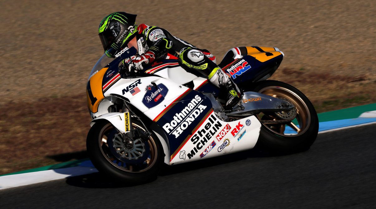 Cal Crutchlow (1) on Eddie Lawson's 1989 Honda NSR500 Grand PRix racebike during the Honda Racing Thanks Day at Motegi. Photo courtesy of Honda.