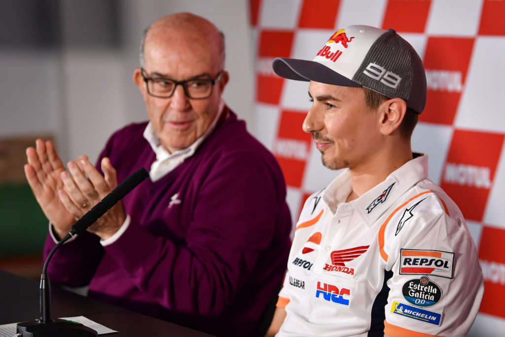 Jorge Lorenzo (right) with Dorna CEO Carmelo Ezpeleta (left) at a press conference today in Valencia. Photo courtesy of Dorna/www.motogp.com.