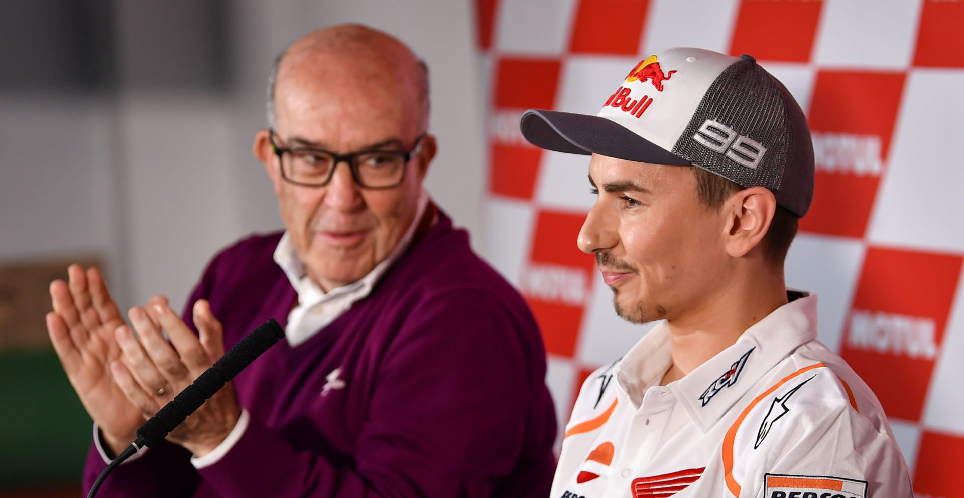 Jorge Lorenzo (right) with Dorna CEO Carmelo Ezpeleta (left) at a press conference today in Valencia. Photo courtesy of Dorna/www.motogp.com.