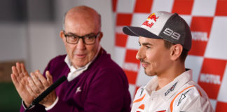 Dorna CEO: “There Will Absolutely Be A 2020 MotoGP Season” Jorge Lorenzo (right) with Dorna CEO Carmelo Ezpeleta (left) at a press conference today in Valencia. Photo courtesy of Dorna/www.motogp.com.