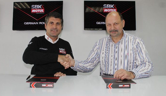 Gregorio Lavilla, WorldSBK Executive Director, Sporting and Organization Departments (left) and Ralph Bohnhorst, Executive Director of Motorsport Arena Oschersleben (right). Photo courtesy of Dorna WorldSBK Press Office.