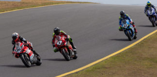 Mike Jones (46) leads Troy Herfoss (1), Wayne Maxwell (47), and Cru Halliday (65) at Sydney Motorsport Park. Photo by Andrew Gosling/TBG Sport, courtesy of Motorcycling Australia.