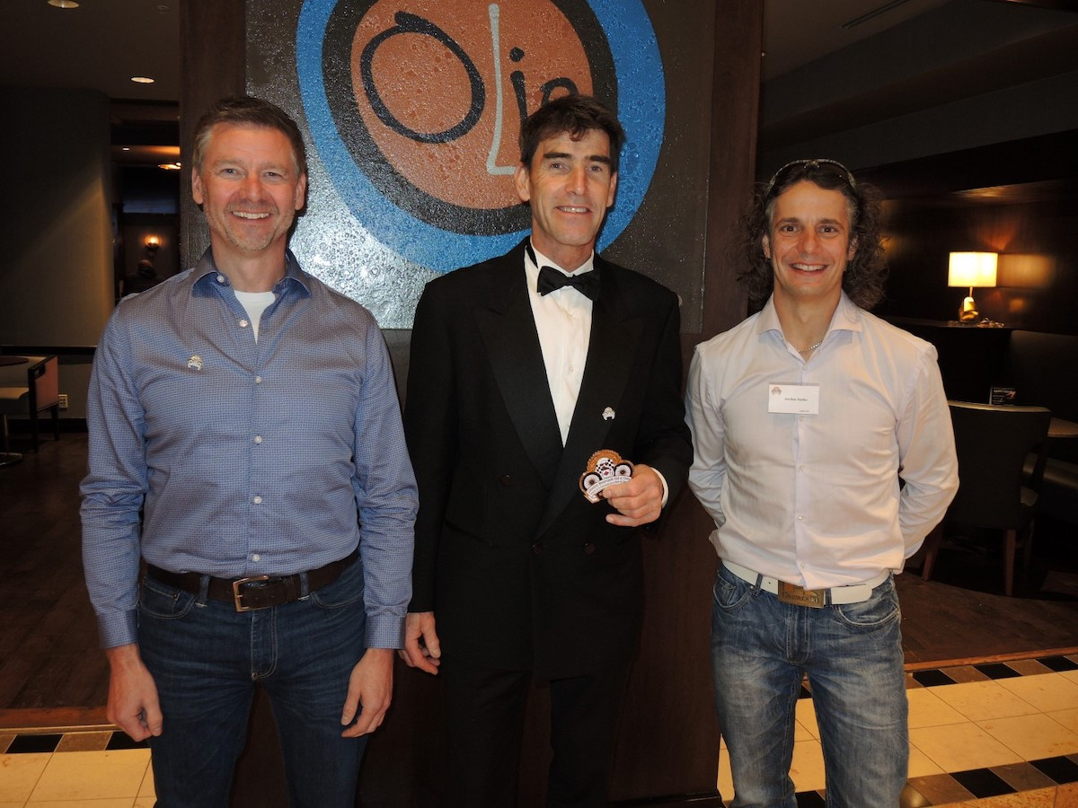 At the 14th annual Canadian Motorcycle Hall of Fame event in Toronto on Saturday evening, November 2, newly inducted member Michael Taylor (center) is joined by two-time CSBK overall National Champ Don Munroe (left), class of 2006, and 13-time Canadian National Superbike Champ Jordan Szoke (right). Photo by Colin Fraser, courtesy of PMP.