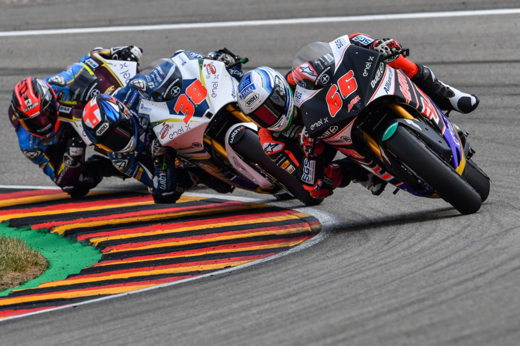 Action from the start of the FIM MotoE World Cup race at Sachsenring. Photo courtesy of Energica.