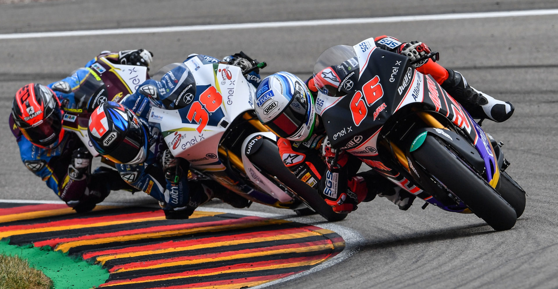 Action from the start of the FIM MotoE World Cup race at Sachsenring. Photo courtesy of Energica.