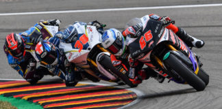 Action from the start of the FIM MotoE World Cup race at Sachsenring. Photo courtesy of Energica.