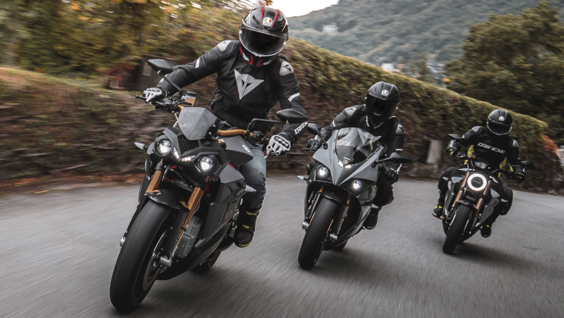 Energica's 2020-models (from left): the new Eva Ribelle, the Ego+, and the Eva EsseEsse9+. Photo by Marcello Mannoni, courtesy of Energica.