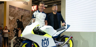Max Racing Team Manager Peter Öttl (left), Max Racing Team Principal Max Biaggi (right), and a Husqvarna FR 250 GP Moto3 racebike. Photo courtesy of Husqvarna Motorcycles.