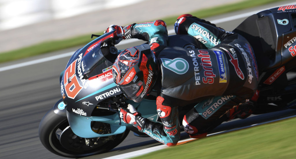 Fabio Quartararo (20) at speed at Valencia. Photo courtesy of PETRONAS Yamaha SRT.