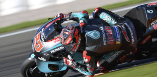 Fabio Quartararo (20) at speed at Valencia. Photo courtesy of PETRONAS Yamaha SRT.