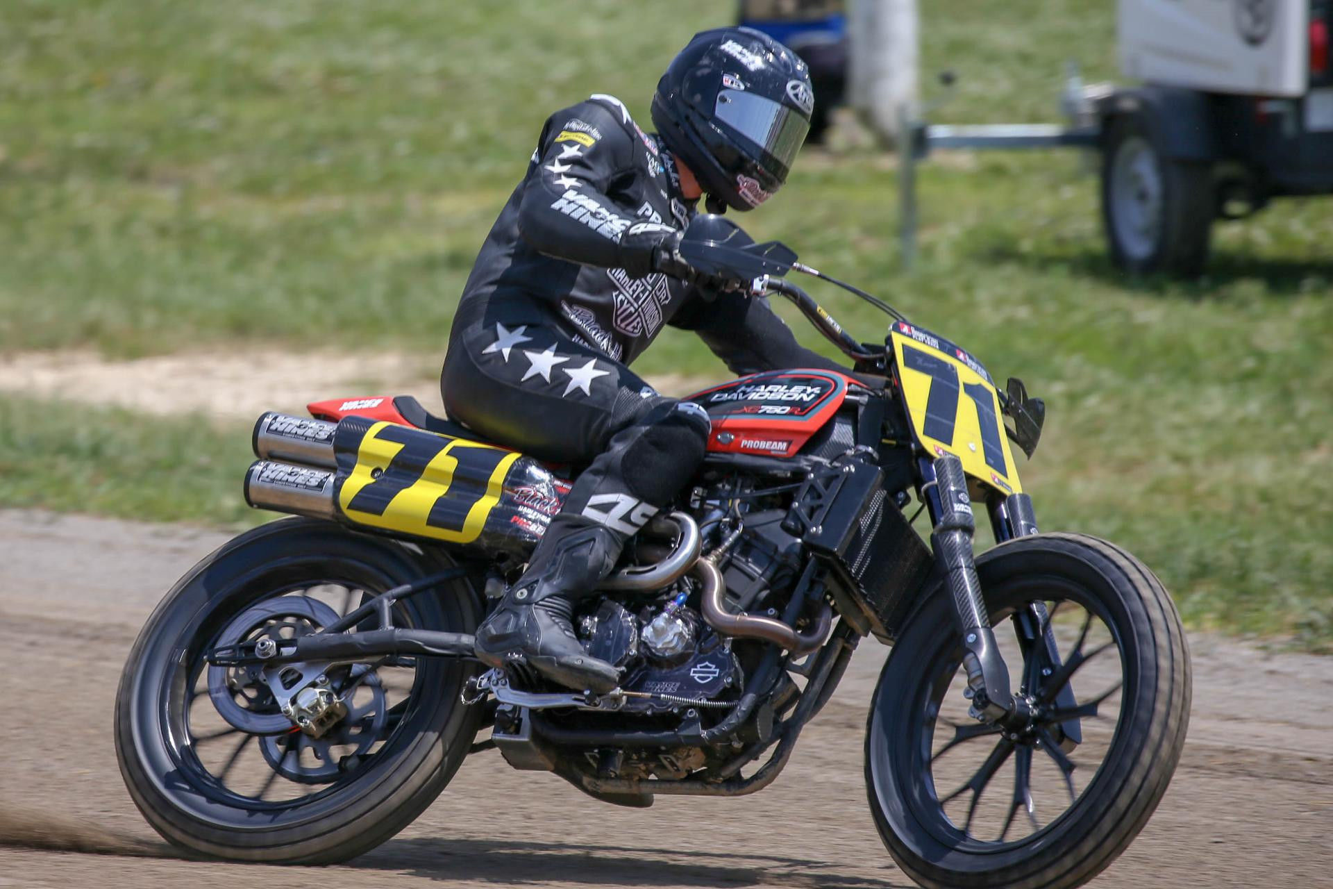 James Rispoli (71) at speed on a Harley-Davidson XG750R. Photo by Scott Hunter, courtesy of American Flat Track.