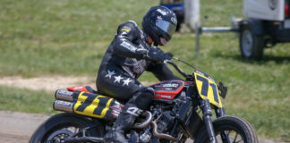 James Rispoli (71) at speed on a Harley-Davidson XG750R. Photo by Scott Hunter, courtesy of American Flat Track.