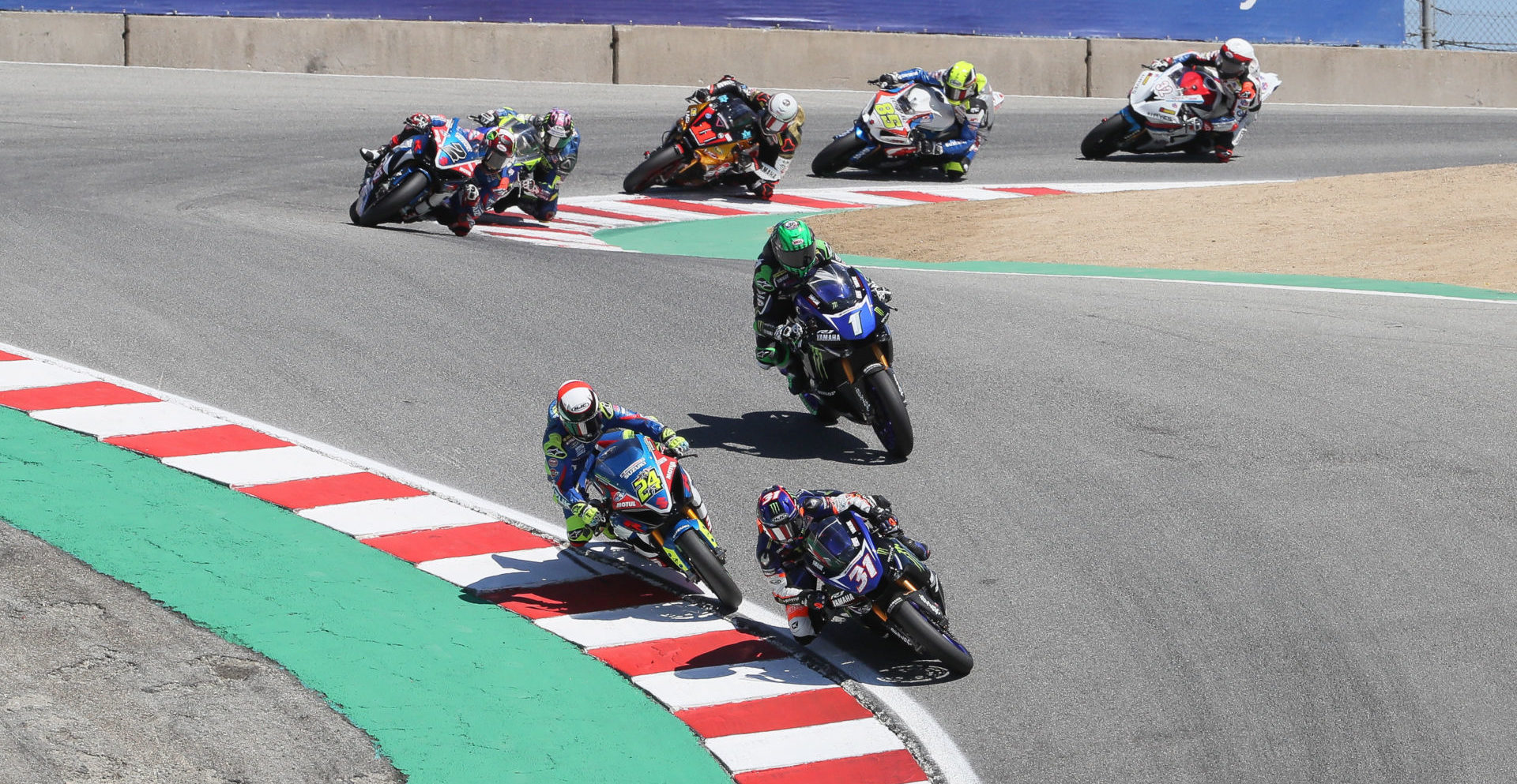 The start of a MotoAmerica Superbike race at WeatherTech Raceway Laguna Seca in 2019. Photo by Brian J. Nelson.