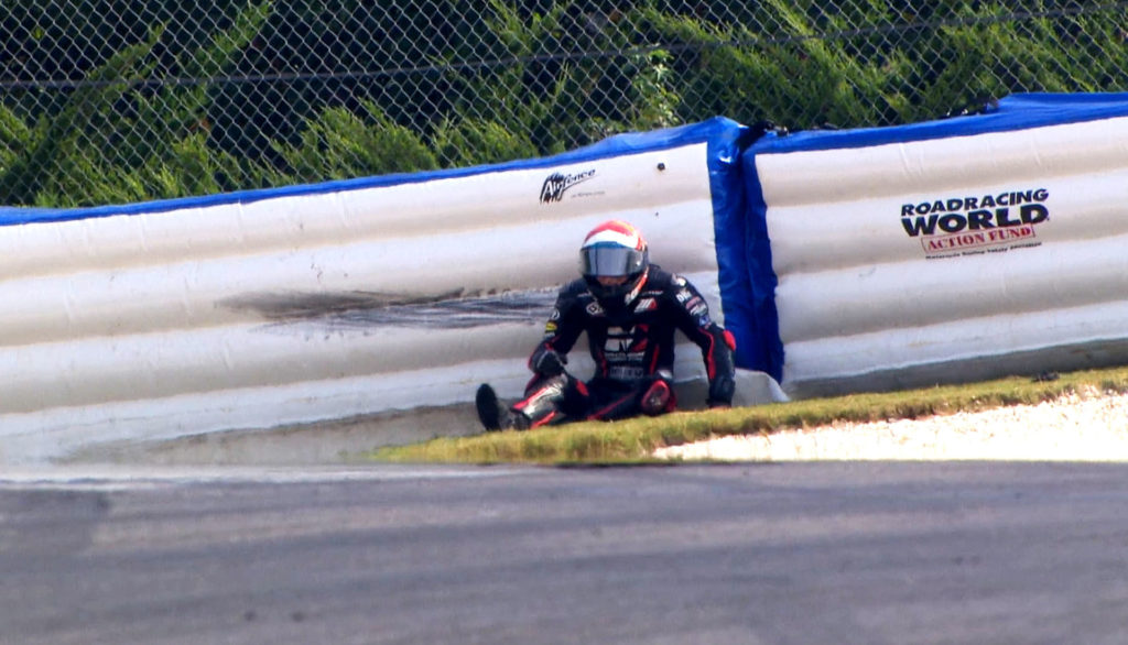 Kyle Wyman, after crashing into Roadracing World Action Fund Airfence at 104 mph in Turn One at Barber Motorsports Park. Photo courtesy of beIN SPORTS USA.